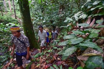 Männer des Dorfes Silit in Kalimantan schreiten die Grenzen ihres Dorfes ab.